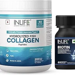 INLIFE Japanese Marine Collagen Supplement and Biotin Supplement for Hair | Fish Collagen Powder for Skin & Hair |for Women Men ((Orange, Fish Collagen, 200g), 60 Vegeterian Capsules)-picture-20