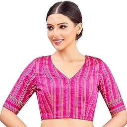 studio shringaar Women's Art Silk V Neck Saree Blouse with Elbow Length Sleeves-picture-15