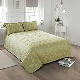 Victor 300 TC Poly Cotton Styria Satin Bedcover for Double Bed/Luxury Damask Geometrical Extra Soft Bed Spread, Exclusive for Wedding (Bed Cover - 90"" X 100"", 2 Pillow Covers - 18"" X 27""), Pista-picture-33