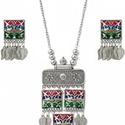 snehkriti Traditional Oxidised Silver Meenakari Necklace and Earrings Set for Women-picture-20