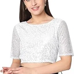 studio rasa Women's Net Sequin Embroidered Sheer Sleeves Crop Top for Wedding Party Festives-picture-10