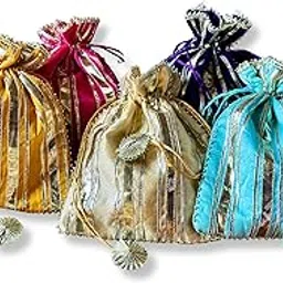 5 pcs Handmade Jaipuri Potli Bags | Golden Gota Patti Work Pouches for Return Gifts | Wedding & Festive Gift Potli for Women | Batwa with Tassel Drawstring (Mixed Colors)-image-15