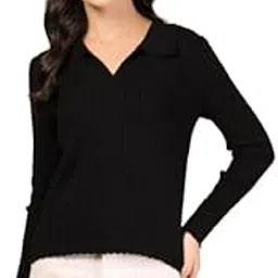 Women's Ribbed V-Neck Collared Sweater-image-37