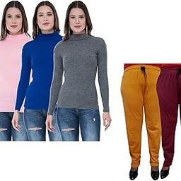 indiweaves Women Winter Wear Combo Pack- Full Sleeves High Neck/Skivvy and Fleece Warm Lower/Track Pants (Pink, Blue, Gray, Mustard, Maroon,36) Pack of 5-picture-13