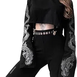 insgoth Women Gothic Hooded Top Long Sleeve Black Chain Print Crop Tops E-Girl Harajuku-picture-10