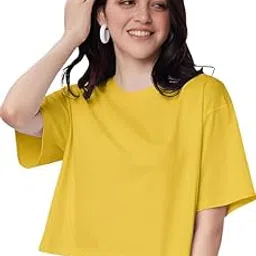 Solid Oversized Crop Top Half Sleeve T-Shirts for Women's/Girls-image-87
