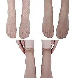 n2s next2skin NEXT2SKIN Women Nylon Sheer Mix Pattern Ultra-Thin Ankle Length Without Thumb Transparent Socks - Pack Of 3 (Black/Skin)-picture-48