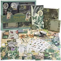 GDNK Vintage Aesthetic Scrapebook Kit Butterfly Junk Journal Scrapbook Kit Vintage Scrapbooking Supplies Kit with Journaling Supplies A6 Grid Notebook Stationery Birthday Gift Craft Set (Green Leaf)-picture-18