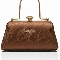 maglin Luxury Evening Clutch Bag, Brown Satin with Gold Metal Handle, Classic Party Purse with Chain image 1