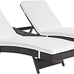 DEVOKO Adjustable Outdoor Chaise Lounge Chair Rattan Wicker Patio Lounge Chair White Set 2 for Garden, Deck, Lawn, Poolside, Balcony (Dark Brown & White)-image-46