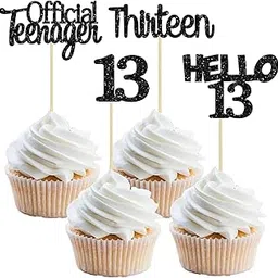Confetti! 24Pcs 13th Birthday Cupcake Toppers Glitter Thirteen Official Teenager 13 Cupcake Picks Hello 13 Years Cake Decorations for Happy 13th Anniversary Party Supplies Black-picture-32