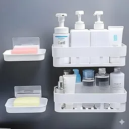 ZENOVISTA Bathroom Shelf for Wall Mount, Self-Adhesive Bathroom Organiser for Ideal Bathroom Accessories for Efficient Space Utilisation (2 Bathroom Shelves+ 2 Shop Dish) (White) (Pack of 4)-picture-21