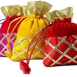 Brown Leaf Potli Bags Pouch Beautiful Designer Gift Potli Bags Best for Wedding,Party Supply Gift Bags (Set of 3, Yellow)-picture-21