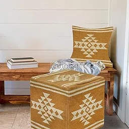 Handicraft Bazarr Handmade Vintage Kilim Jute Pouf Cushion Cover Combo Set Footstool Decorative Sitting Wool Jute Pillow Pouf Cover (Yellow)-image-6