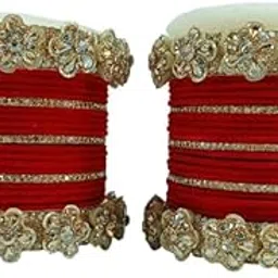 siyaji creation Bridal Chuda Set for Women | Red Velvet Wedding Bangles with Golden Stone-Studded Floral Kadas | Traditional Punjabi Chura for Bride | Ethnic Indian Marriage Accessory-picture-28