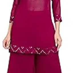 deebaco Women's Embroidered With Solid Georgette Ankle Length Tunic With Crop Top & Palazzo|Cord Set For Women Fashion|Western Dress for Women Stylish|Three Piece Co ord Set|Party Casual Wear(Magenta)-picture-12