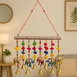 Decorative Hanging Wind Chime with Handpainted Elephants & Brass Bells | Multicolour Wall Hanging Toran for Home Décor, Balcony, Entrance, Pooja Room & Festive Decoration-image-0