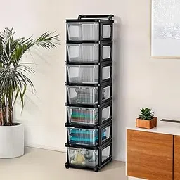 Heart Home 7 Layer Heavy Duty Plastic Storage Drawer with Wheels | Modular Cabinet for Bedroom, Office, Home | Chest of Drawers Organiser for Cosmetics, Kitchen items, Toys | Transparent Black image 1