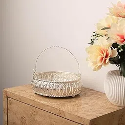 DECORIQUE Silver Floral Cutwork Iron Basket with Handle - German Silver Plated Decorative Basket for Pooja, Dry Fruits, Wedding Return Gift, Housewarming, Diwali, Dining Table & Shelf Decor-picture-22
