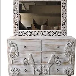 Nazar Art & Craft Solid Mango Wooden Handcarved Design Mirror Table | Dressing Table with Mirror Frame and 6 Drawers | for Bedroom, Home | Natural Distress Finish | 137 * 40 * 90cm-image-1