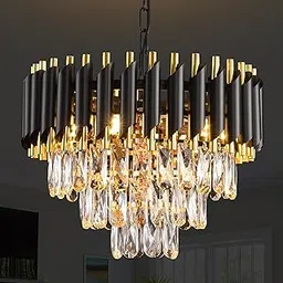 Manraj Modern Crystal Chandelier, 40 cm Round, 3-Tier Black and Gold, K9 Crystal Ceiling Light Fixture for Living Room and Hallway (Black & Gold, 400mm)-picture-27