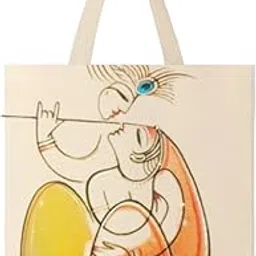 Handpainted Radha-Krishna Canvas Tote Bag, Beige, Artistic Design-picture-34