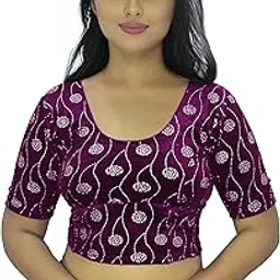MagicStyle Creation Readymade Sretchable Blouse for Women Stylish Silver Zari Print Soft Velvet Saree Blouse Round Neck Half Sleeves-picture-54