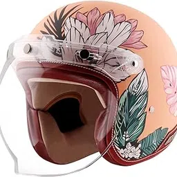 Axor Retro Jet Hawaii ISI Certified Lightweight Open Face Matt Finish Floral Helmet for Women with Clear Bubble Visor Peach(S)-picture-20