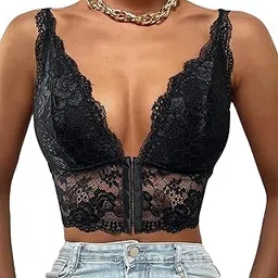 quecy Women's Sexy Lace Corset Crop Top Y2K Sleeveless Spaghetti Strap Cami Tanks Push Up Bustiers Corsets Clubwear |E-Black |L-picture-12