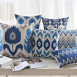 MODERN HOMES Indigo Blue Ikat Print Cotton Cushion Covers with Sham (18x18, Set of 6)-picture-29