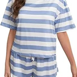 nd night desire Womens Pajama Sets Striped Sporty Pajama Set with Drawstring Waist 2pcs Short Sleeve Top and Shorts-picture-13