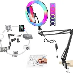 BROLAVIYA Overhead Video Mobile Stand with RGB Color 10inch Ring Light, Metal Arm,1/4" Male Adaptor for Camera,Gopro,Mobile Bracket for Video,Desktop,Bedroom, Office-picture-30