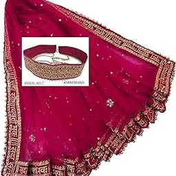 navti creations Combo of Wedding Bridal Pink (Magenta) Net Dupatta With Sada Saubhagyawati Bhaw Embroidery Border (Full Stone Work, 2.25m) and FREE Pink (Magenta) Kamarband (Bridal Belt)-picture-25