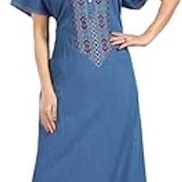 rikasa Nighty for Women | Denim Nighty for Women | Maxi Dress for Women 100% Cotton Soft Denim | Embroidered Neckline | Side Pockets | Short Sleeve-picture-27