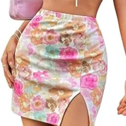 jinjin fashion Floral Print Mini Skirt with Side Slit, Watercolour Design, Pink and Multi-Colour-picture-16
