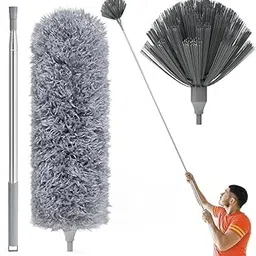 2 in 1 Long Handle Microfiber Feather Duster with Extension Pole 30-100 Inch with Anti Scratch Bendable Head for Cleaning High Cobweb Stick high Ceiling Fan Mop (Grey)-image-83