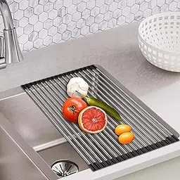 GaxQuly 10 Pipe Foldable Roll Up Dish Drying Rack Over The Sink Multipurpose Kitchen Counter Rolling up Stainless Steel Drainer for Cups, Utensils, Fruits, Vegetables-picture-21