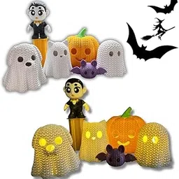 Halloween 3D Printed Knitted Style Ghost and Pumpkin Figures, 6 Piece Spooky Decorative Pack with 5 LED Tea Light Candles Light-picture-32