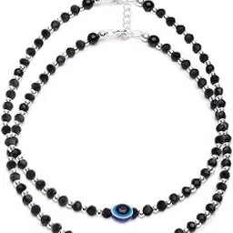priviu Stylish Latest Trend Brass Metal Evil Eye Charm Nazariya Payal Black & Silver Beads Crystal Adjustable Evil Eye Anklet & Bracelet for Girls and Women (2 Pieces)-picture-19