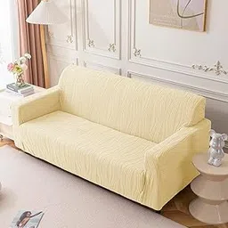 House of Quirk Universal Jacquard Waterproof Crizzle Pattern Fabric Sofa Cover Soft Touching Cover for Couch Flexible Stretch Sofa Slipcover (Four Seater, Beige)-picture-14