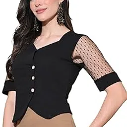 iuga Women's Black Sweetheart Neck Top with Sheer Polka Dot Sleeves Top-picture-10