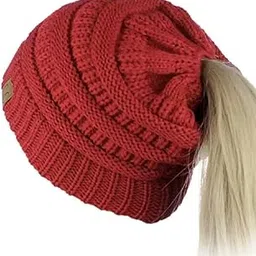Women Woolen | Winter Ponytail Style Soft Knitted Caps | Multicolor | Trendy Caps for Girls (Red)-picture-37