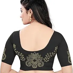 pu fashion Stylish Golden Stone Work Fancy Stretchable Lycra Blouse Latest Trendy Designer Readymade Women's Saree Blouse Round Neck Half Sleeves-picture-43