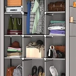 MY ARMOR 3-Door Foldable Wardrobe for Clothes, Wardrobe for Storage, Multipurpose Collapsible Fabric Wardrobe Organizer for Clothes, ABS Plastic, Fabric Cupboard - 10 Shelfes, 1 Hanger Cabinet Rack-picture-11