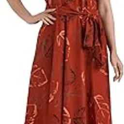 Cotton Sleeveless Red Halterneck Dress with Belt|Midi Length-image-76
