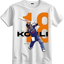 Cricket Fan Art T-Shirt, White Polyster, Virat Kohli Batting Design, Number 18 Graphic Print, Sports Casual Wear (in, Alpha, L, Regular, White)-picture-41