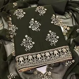 Emerald Grace Embroidered Georgette Unstitched Suit Set | Dark Green with Golden Zari Work-image-27