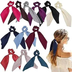 soldright shop SOLDRIGHT 12 Pieces Hair Scrunchies Bowknot Satin Chiffon Long Tail Elastics Ribbon Ear Bow Ponytail Holder for Women Girls (MULTICOLOR)-picture-13