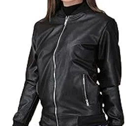 rey zone Women's Rib Collar Black Leather Jacket with Zippers-picture-22