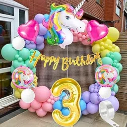 Unicorn theme 3rd birthday decoration Kit for kids baby girl for 3 Year with Unicorn Foil Pink Heart Pink Purple Yellow Mint Orange Blue Pastel White Metallic Balloons Banner,70 pcs-picture-18
